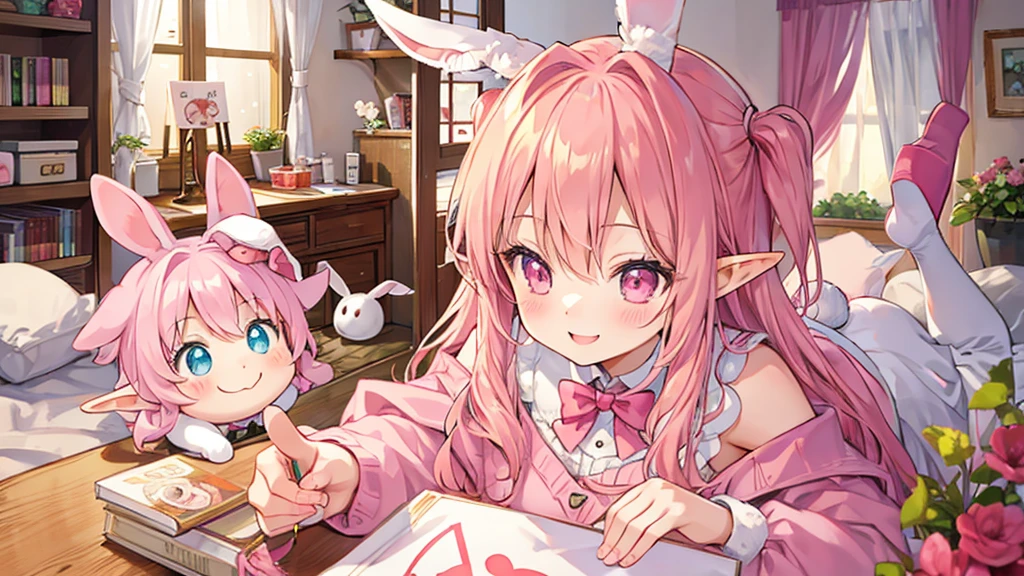 Rabbit Mimi、Chibi Elf Pink Room、Relaxing in a cute room、A big smile
