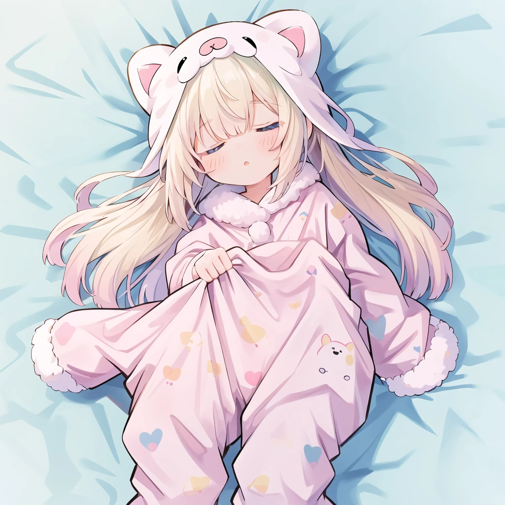 One girl,The best composition、 fluffy、Loose、A heartwarming world、masterpiece, Highest quality,Super detailed, One girl, From above,Little,pastel colour、Sleeping with eyes closed in animal costume pajamas、cute、