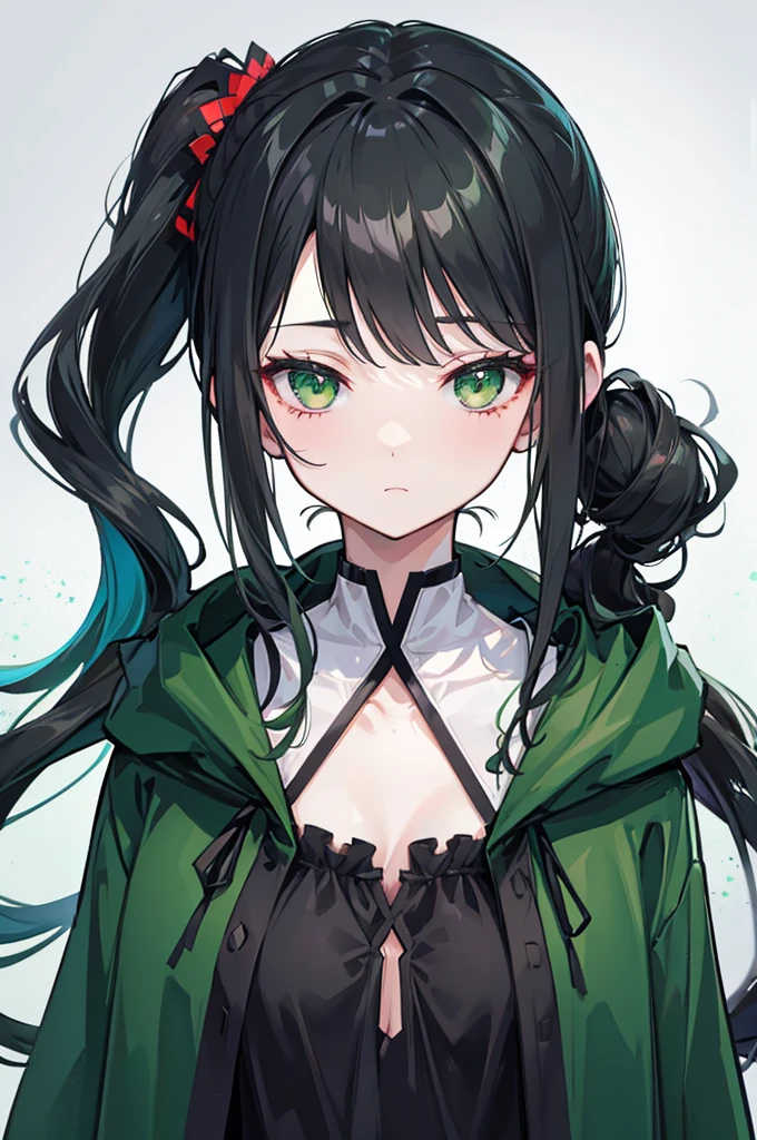 portrait, upper body face through torso, black hair, long wavy side ponytail, eromanga, half closed eyes, green eyes, boring face,dark green cloak, B cup