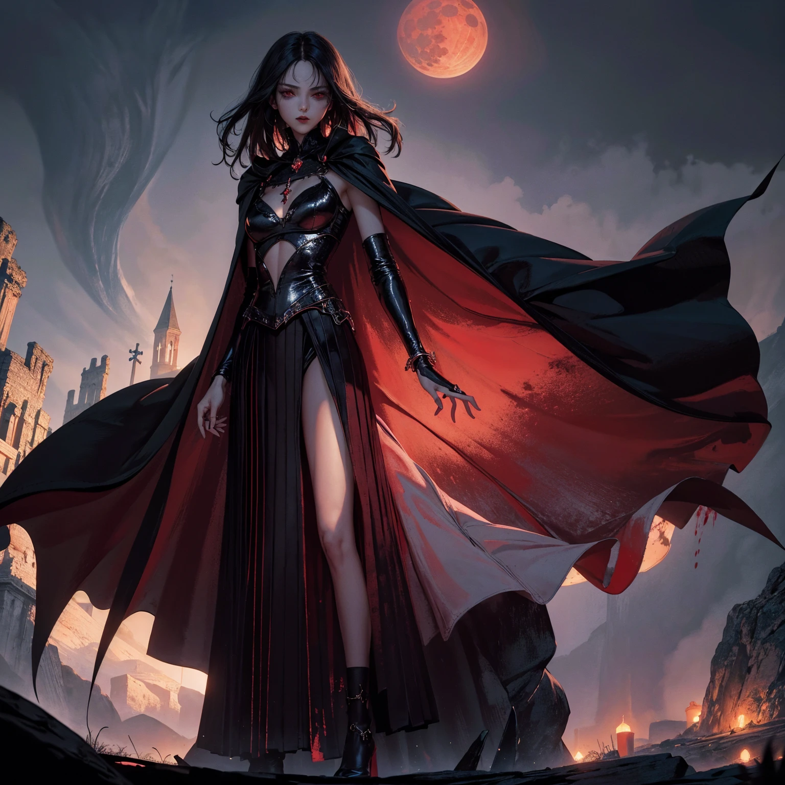 best quality, 4K, high resolution, masterpiece:1.2, Very detailed, actual:1.37, Mood lighting, Girl in a long cape, Wearing a reflective latex skirt that shows a little skin above the chest, reflective rubber bra, Dangerous sneer, Black Hair, Standing, Facing the camera, Crucified, Pitch black sky, Blood-red moon, strange atmosphere, Gothic style, Unforgettable beauty, Dramatic shadows, Ethereal Light, Mysterious atmosphere.
