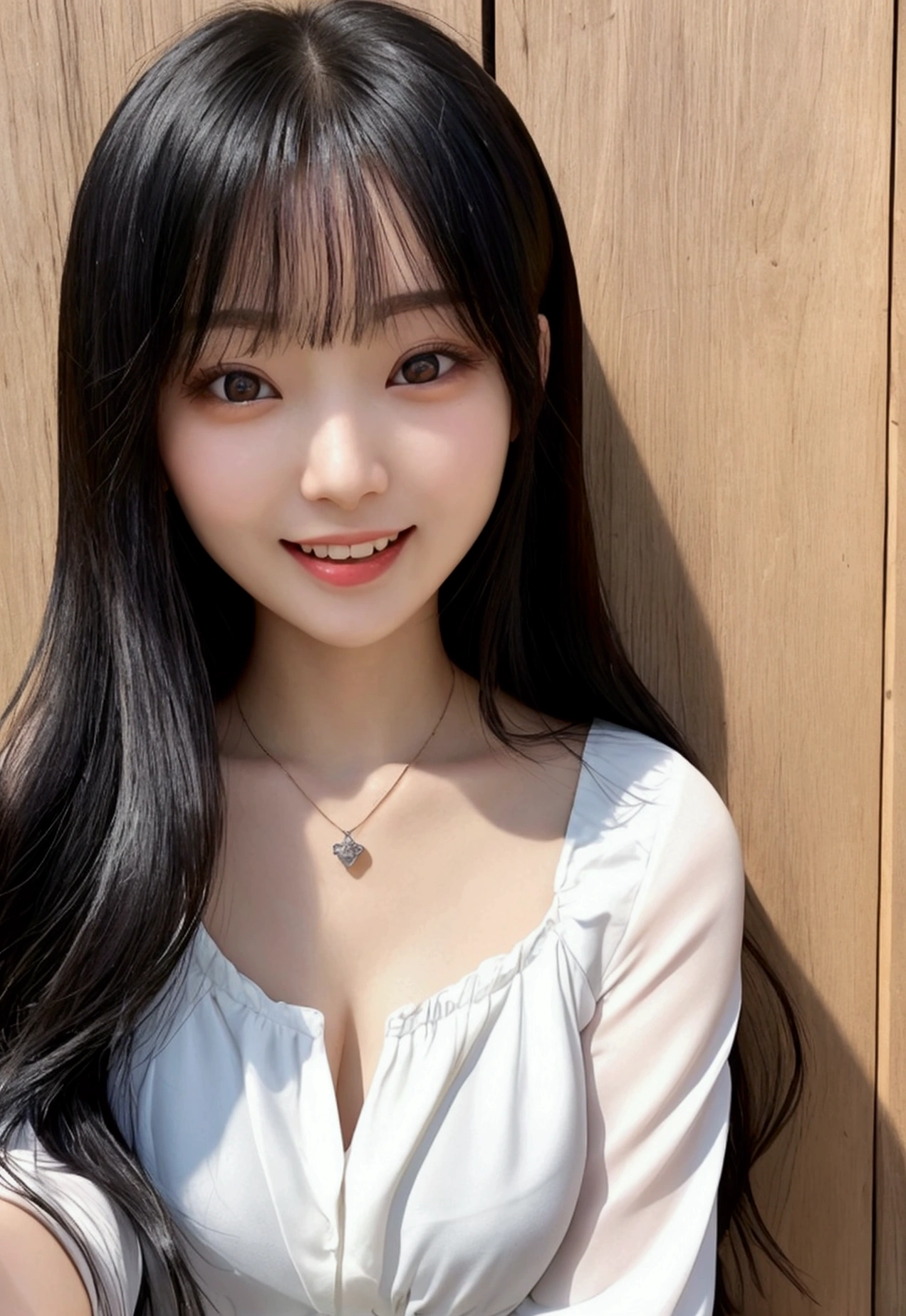 (28 years old,Beautiful Japanese,Round face、Seems kind、Iris、 ,(Black Hair),(Medium Long Hair),high quality、masterpiece:1.2,(Genuine、photo Genuine:1.4),break,blouse,have a necklace,Overjoyed,Open your mouth