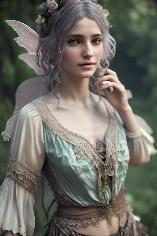 faerie, fantasy hair, wear an old, torn cloth blouse, It's dirty, uma faerie sobrevivente, pretty (1.4 Intricate Details, work of art, best qualityer) 3D rendering, High details, best qualityer, high resolution, Ultra Wide Angle