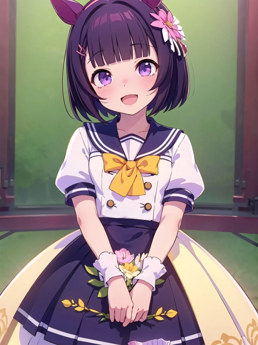 ((masterpiece, best quality)),high resolution,ultra detailed,8k,16k,detailed background, perfect lighting, 1girl,solo,look at viewer,nishino flower,horse girl,pink horse ear,pink head band,bob cut,purple eyes,black hair,purple sailor uniform,:d