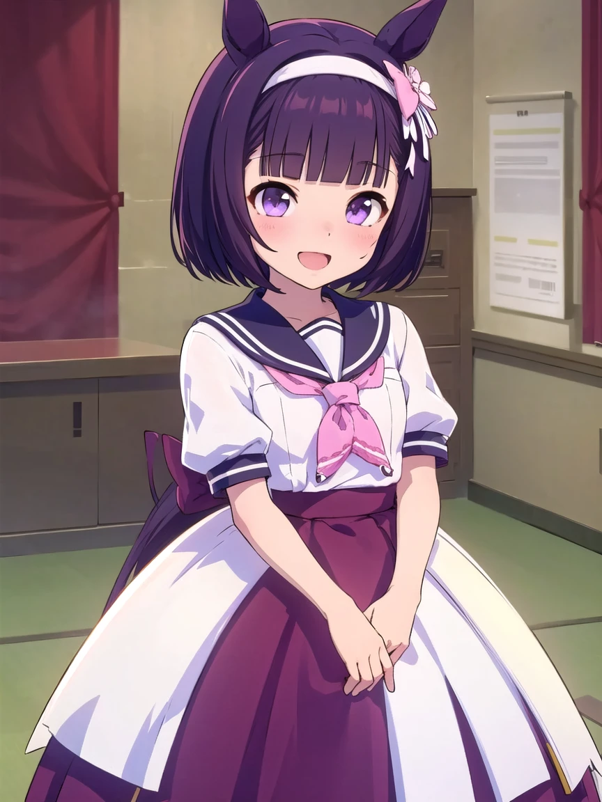 ((masterpiece, best quality)),high resolution,ultra detailed,8k,16k,detailed background, perfect lighting, 1girl,solo,look at viewer,nishino flower,horse girl,pink horse ear,pink head band,bob cut,purple eyes,black hair,purple sailor uniform,:d