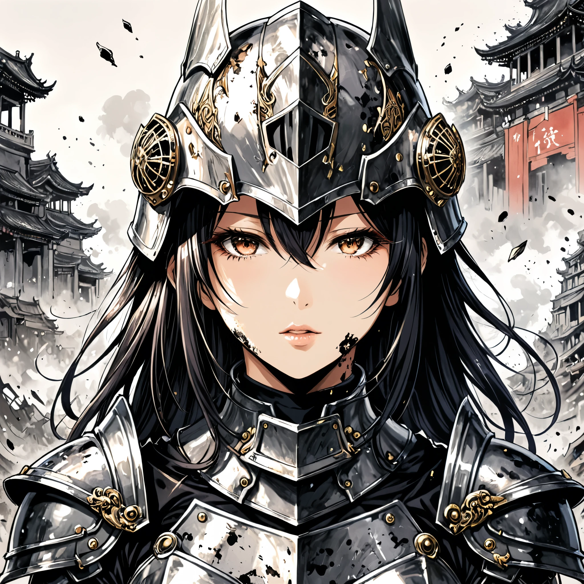 (in style of Takeshi Obata),1girl,Girl Portrait,helmet,罗马风格helmet,中世纪西方helmet,majesty,ancient,Extensive damage,Incomplete,Dirty traces,Metal Helmet,mouth guard,Heavy armor