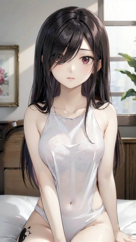 (((masterpiece))), (((best quality))), ((ultra-detailed)), (highly detailed CG illustration), (masterpiece:1.5), Detailed Photo, innocent shy, (Best Quality: 1.4), (1girl), Beautiful Face, (Black Hair, long Hair: 1.3), Beautiful Hairstyle, beautiful detail eyes, (realistic skin), beautiful skin, absurd, attractive, ultra high resolution, high definition, shy pose, full body view,Beautiful , white background, pink soft white light, pink pajama, busty breast,see through nipple,(hair over one eye:1.4), Messy hair,hair between eyes,pubic hair pussy, dense pubic Hairy pussy .