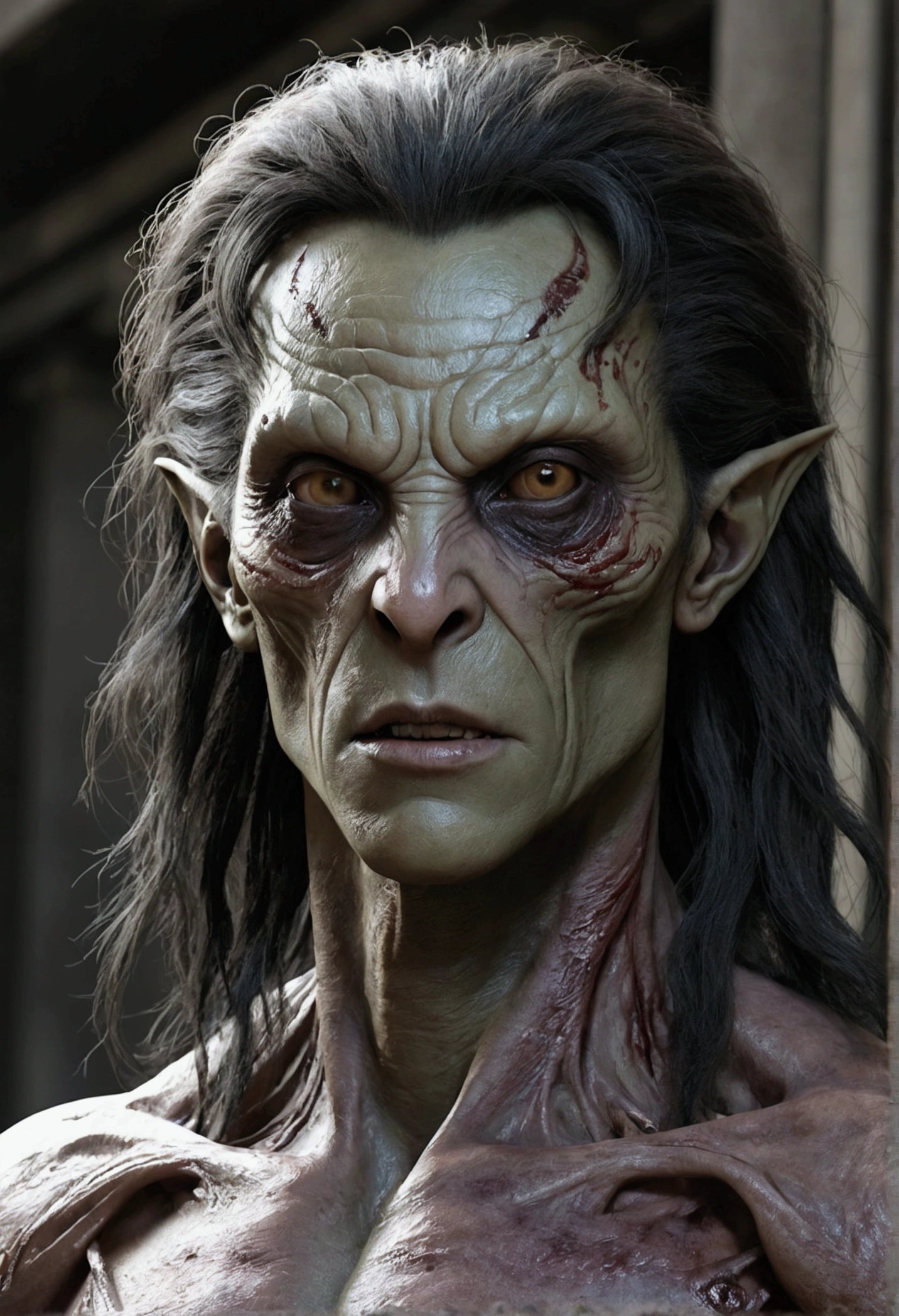 Alien Invasion,Zombie with a wolf face,Lots of long hair,Long horn,supernatural,Blood vessel,singing,Murderous,full body, How,colors,The city was destroyed,present,Facial features are carefully depicted,realistic skin texture,dark style,depth of field,highlight,Real light,Ray tracing,ok rendering,hyperrealistic,Best quality,8 K,Works of masters,super-excellent,Detailed pubic hair,Correct anatomy,Sharp focus on the eyes,hips,Facial features are carefully depicted, Outline only, Black and gray, Black and gray outline, sketch