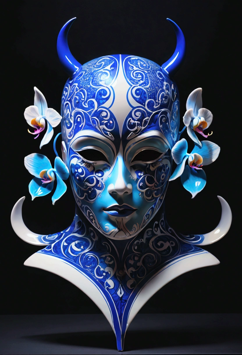 (masterpiece), (best quality), (Super Detail), nothingness, Psychedelic, Blue and white porcelain mask, Colored swirls, orchid, Beautiful and expressive,Layered Outlines，Depth and size，Creative Expression，translucent form，Crystal structure，glowing lines，Fluorescence，Glow Example，Tracking Example，flash，Fluorescence particles，Backlight，translucent，Light particle blur，Lighting Effects