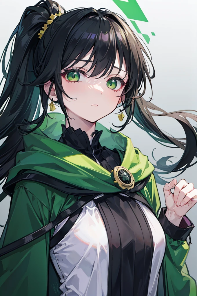 portrait, upper body face through torso, black hair, long wavy side ponytail, eromanga, half closed eyes, green eyes, boring face,dark green cloak, B cup