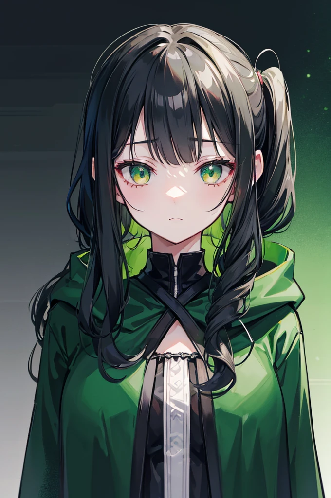 portrait, upper body face through torso, black hair, long wavy side ponytail, eromanga, half closed eyes, green eyes, boring face,dark green cloak, B cup