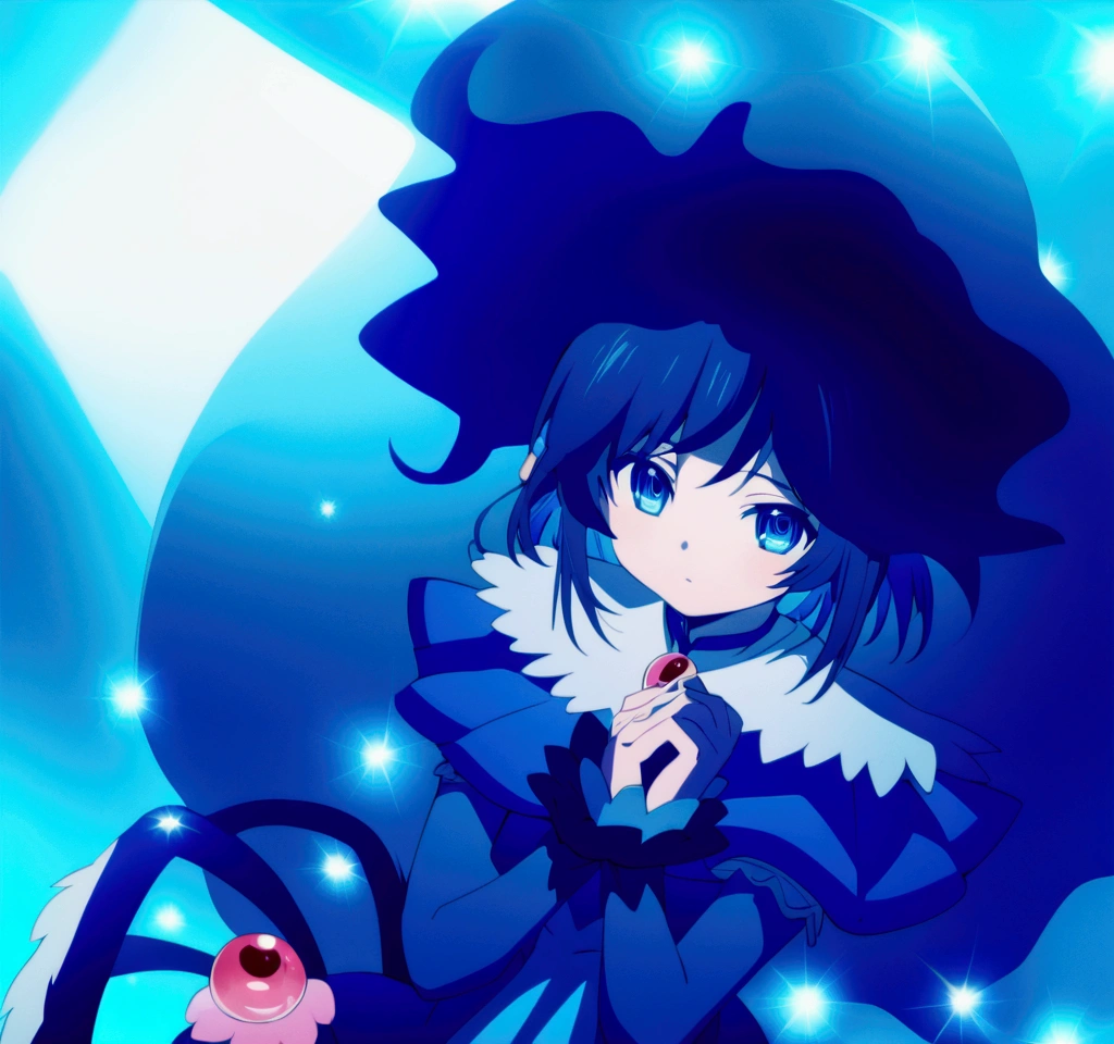 Anime girl with blue hair and blue dress, blue aura, from toho, ulcer toho, ulcer, ulcer from toho, toho character, an anime portrait of ulcer, toho, dreamy psychedelic anime, magical girl anime Mahou Shojo, Fubuki, an aura of magic around her, black-haired magician