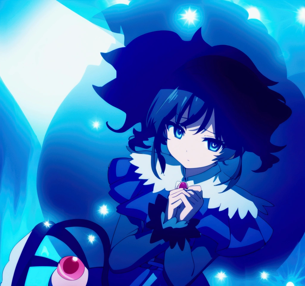 Anime girl with blue hair and blue dress, blue aura, from toho, ulcer toho, ulcer, ulcer from toho, toho character, an anime portrait of ulcer, toho, dreamy psychedelic anime, magical girl anime Mahou Shojo, Fubuki, an aura of magic around her, black-haired magician