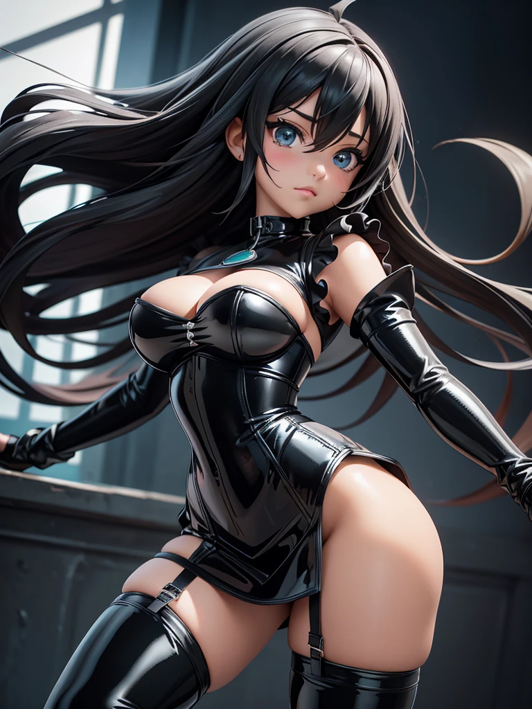 Aqua Konosuba, (perfect quality, Best quality, masterpiece, 8 K:1.2), HDR, uhd, 1 girl, portrait, (big breasts), inexpressive, long hair, ahoge, ((long gloves, covered in black latex to the fingertips.), (black latex corset dress), (Halter corset dress), (Black tight latex miniskirt), (black thigh-high boots)), dynamic pose, Dynamic angle, Viewer's view, The center of the image,