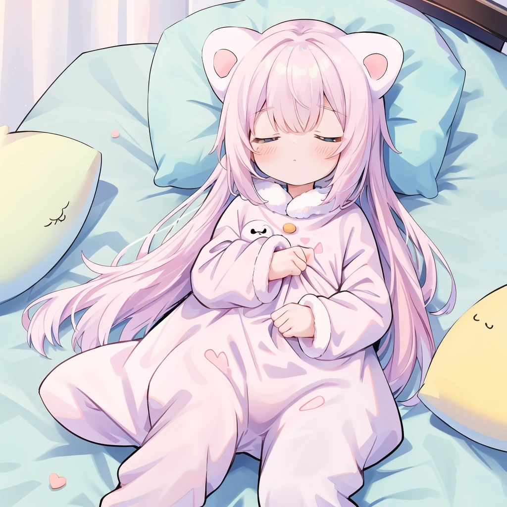 One girl,The best composition、 fluffy、Loose、A heartwarming world、masterpiece, Highest quality,Super detailed, One girl, From above,Little,pastel colour、Sleeping with eyes closed in animal costume pajamas、cute、