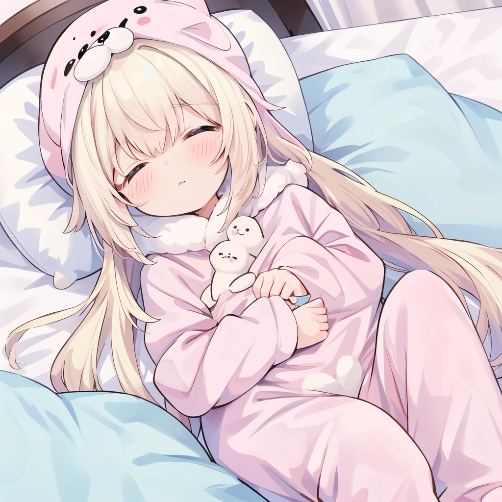 One girl,The best composition、 fluffy、Loose、A heartwarming world、masterpiece, Highest quality,Super detailed, One girl, From above,Little,pastel colour、Sleeping with eyes closed in animal costume pajamas、cute、