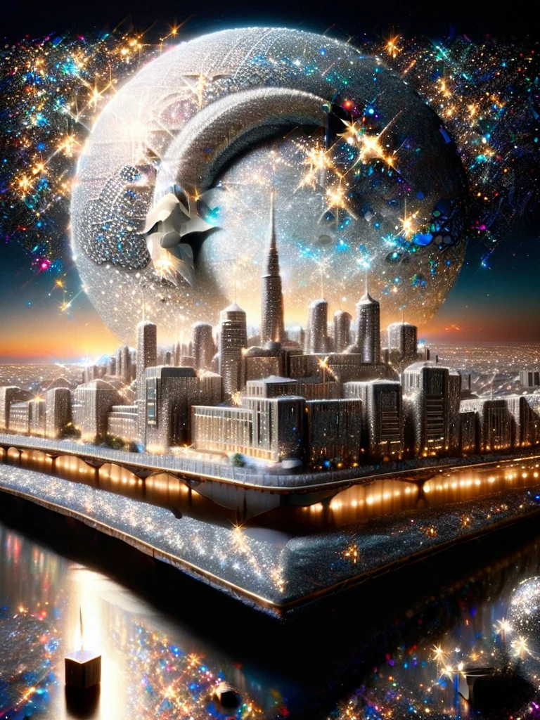 A metropolis of a city covered with ral-glitter glittering in the moon light
