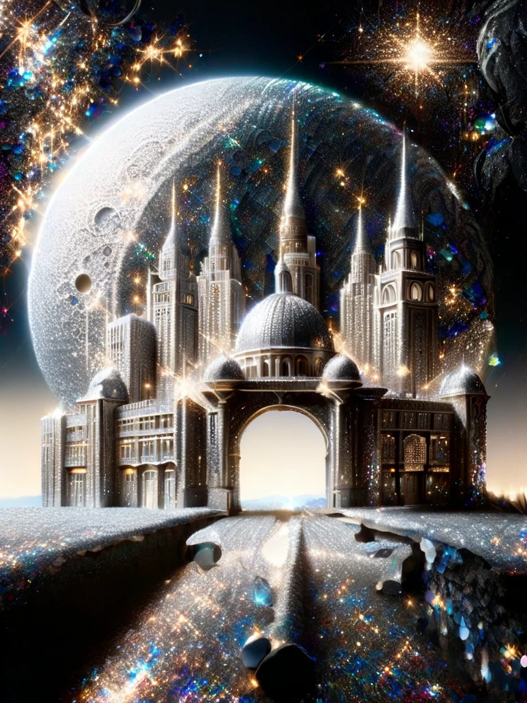 A metropolis of a city covered with ral-glitter glittering in the moon light 