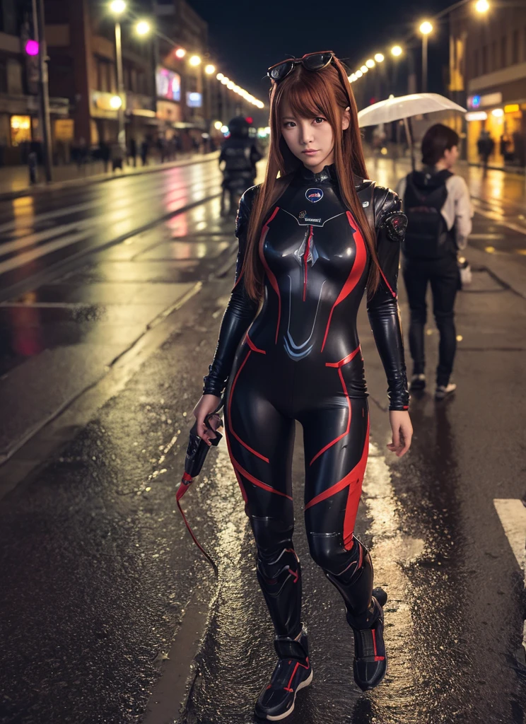 Highest quality, masterpiece, Realistic, photoRealistic, One girl, alone, View your viewers, whole body, Are standing, Long Hair, asuka Cosplay costume, Cosplay, Plug Suit, Bodysuits, hair ornaments, Detailed Background, On the street, night, Light, rain, 