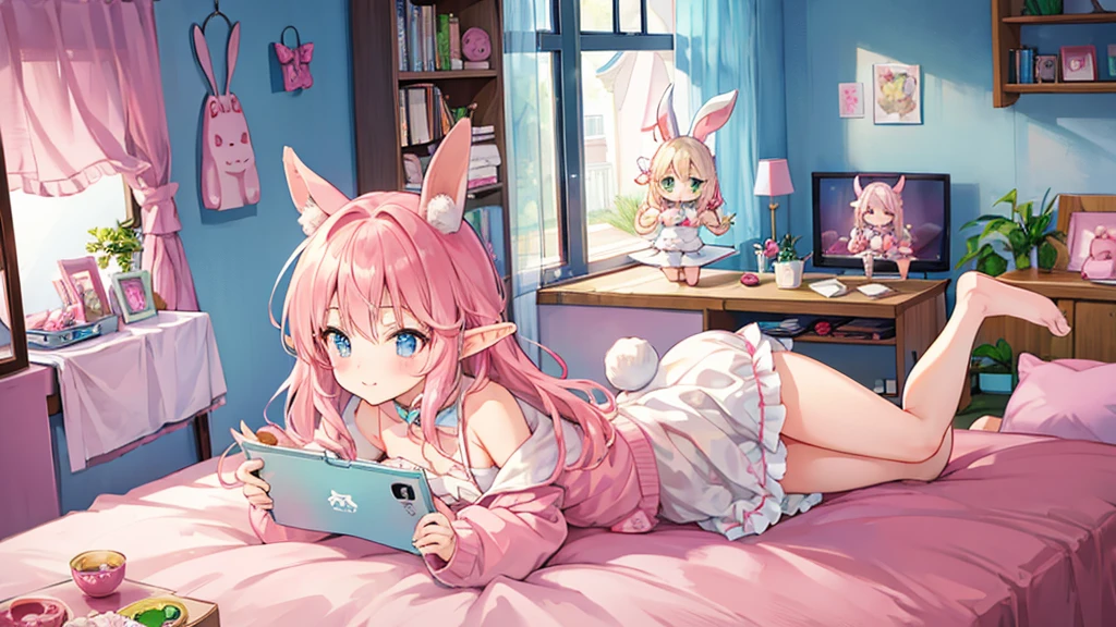 Rabbit Mimi、Chibi Elf Pink Room、Relaxing in a cute room、Addicted to video games