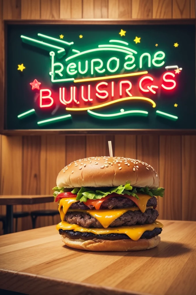 Create a logo for a retro vintage burger restaurant, with little stars and neon colors