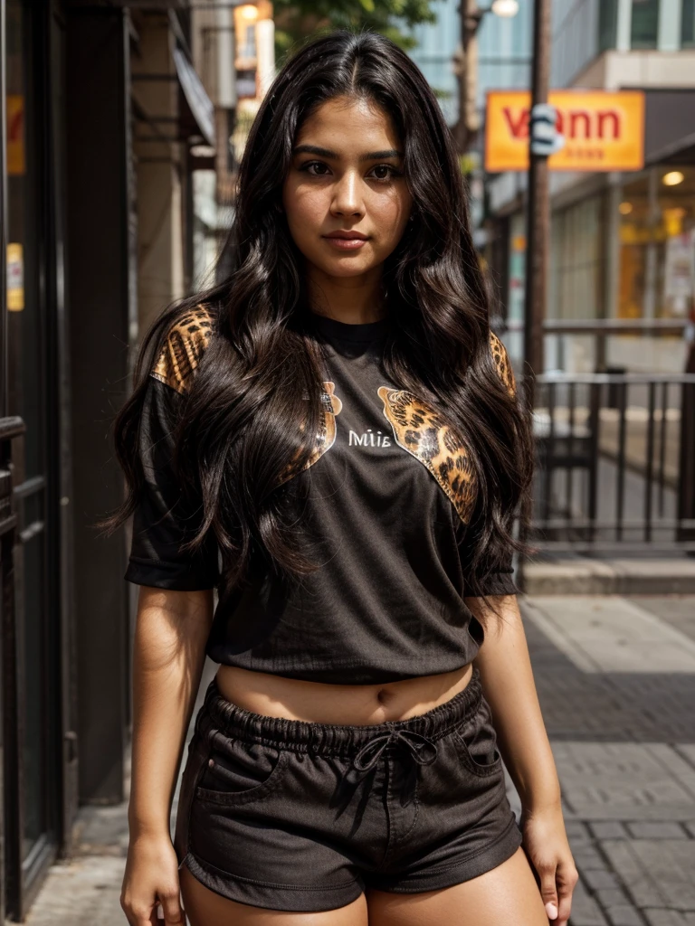 dark brown skin. latin face. With fat cheeks. slim. black hair, wavy but with a very fluffy volume that reaches the middle of the back. clear brown eyes. Animal print shirt and black shorts