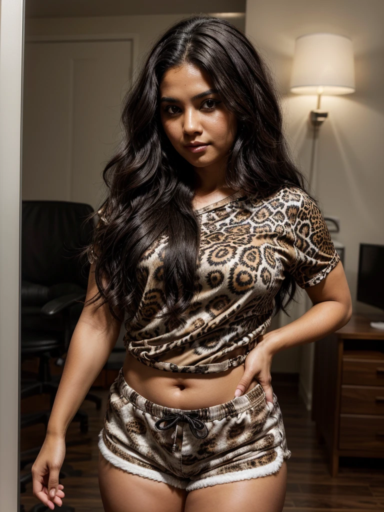 dark brown skin. latin face. With fat cheeks. slim. black hair, wavy but with a very fluffy volume that reaches the middle of the back. clear brown eyes. Animal print shirt and black shorts