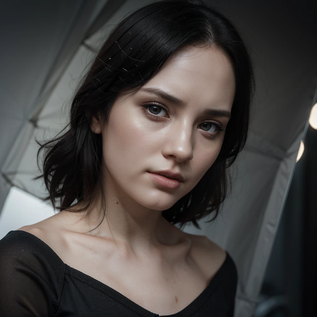 beautiful girl with realistic black eyes., Pale skin, medium length black hair, perfect face, Perfect eyes, using shelter, Very detailed, integral kinematics, Digital paint, 8k, cinematic lighting, Best Quality, High resolution, Detailed work, post processing, Perfect result, Hyper realistic
