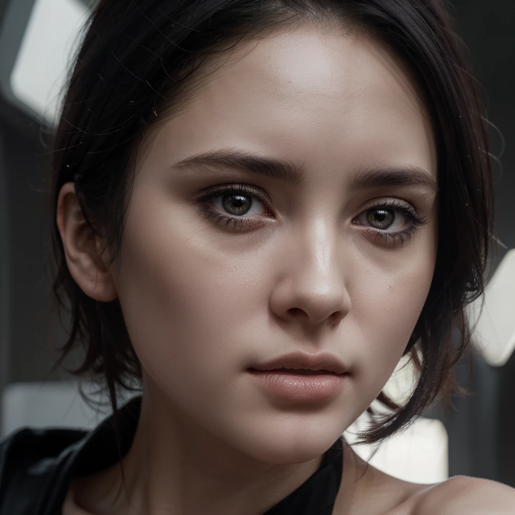 beautiful girl with realistic black eyes., Pale skin, medium length black hair, perfect face, Perfect eyes, using shelter, Very detailed, integral kinematics, Digital paint, 8k, cinematic lighting, Best Quality, High resolution, Detailed work, post processing, Perfect result, Hyper realistic