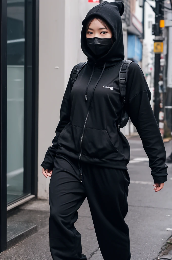 Full-body photo of a female ninja in black clothing and a black hood