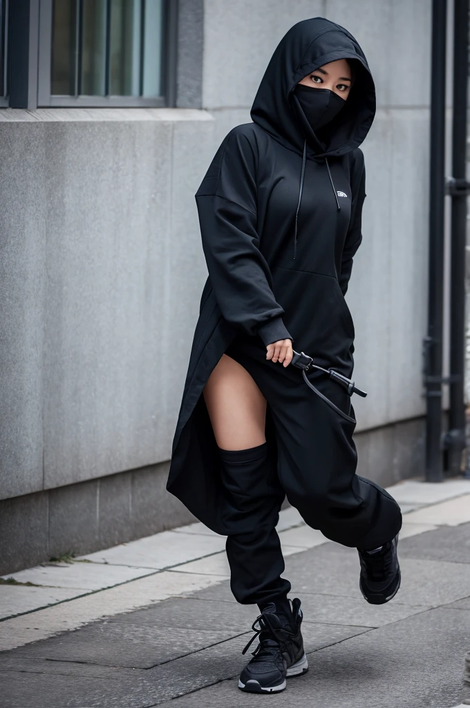 Full-body photo of a female ninja in black clothing and a black hood