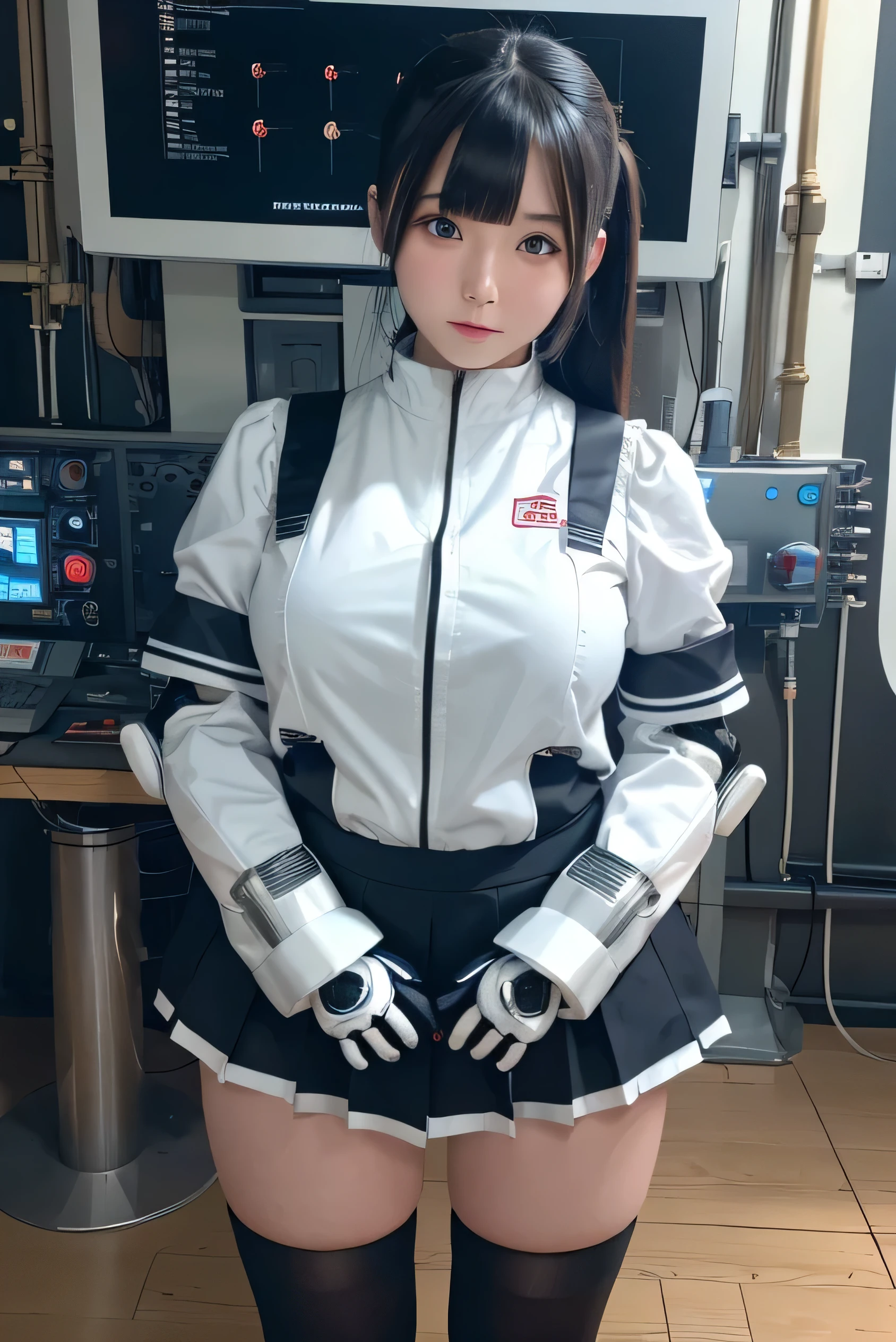 masterpiece, best quality, extremely detailed, Japaese Cyborg Girl,Plump , White boots,control panels,android,Droid,Mechanical Hand, ,clothes with a sense of mechanical technology, Robot arms and legs, Black Robot Parts,Black hair,Mechanical body,dress shirt,long vest,Blunt bangs,White abdomen,White robotics parts,perfect robot woman,future laboratory,cyber pank,charging spot,laboratory,long tube,thick cable connected her neck,kneel on the floor,bowing,ceramic body ,mechanical body,blue eyes,android,robot humanoid