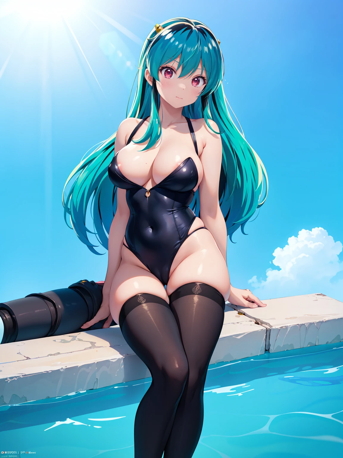 (1 Girl),(high quality), (High resolution), (Very detailed), (8k),(Demolition paperback correct)、Urusei Yatsura、Ram-chan、((Sexy Swimwear))、((Focus on the whole body))、Nipple Shape、((Black knee-high stockings))、Hair messed up by the strong wind、Neutral White Lighting,Sexy pose、On both knees