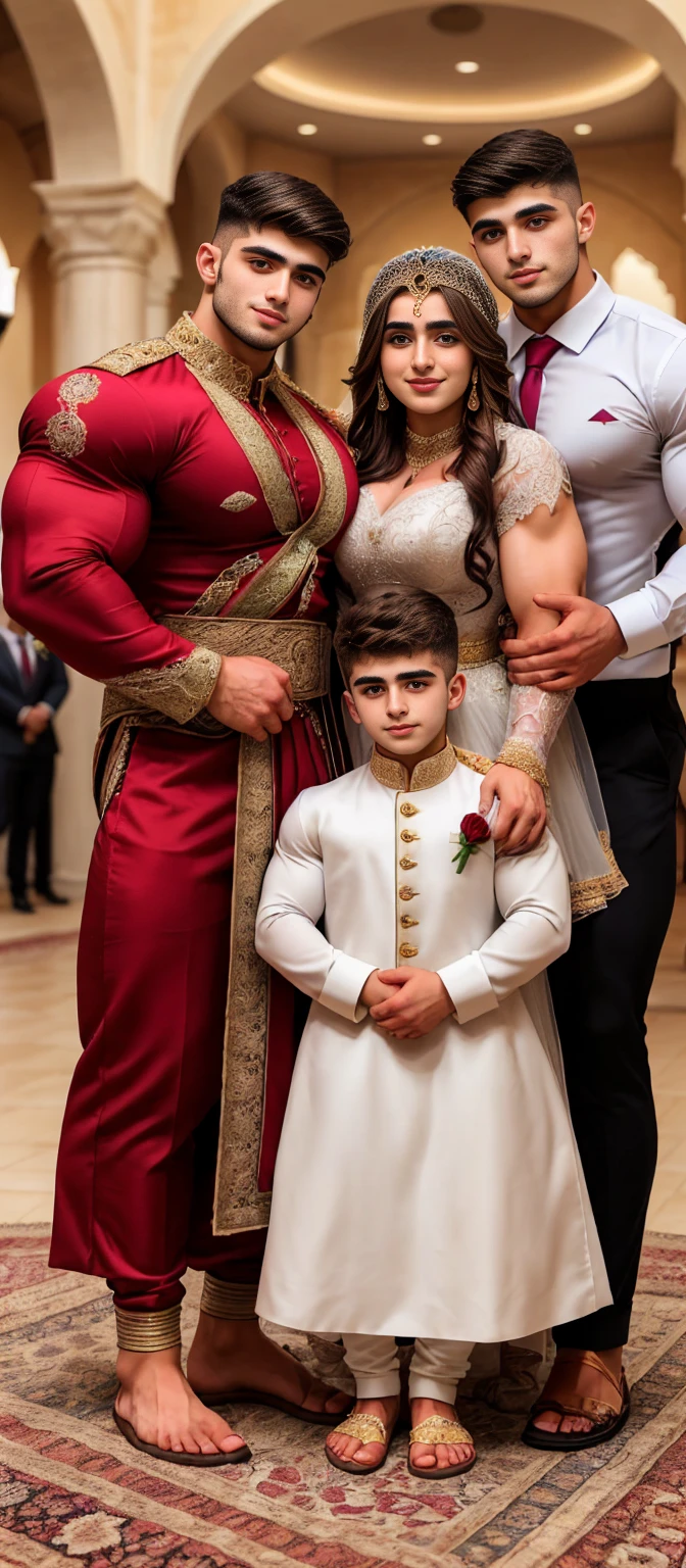 19 year old kurdish man with his family in an ethnic kurdish wedding. Size and height difference with family members. Wearing wedding clothes. Kurdish man is a 2.30 meter tall bodybuilder.