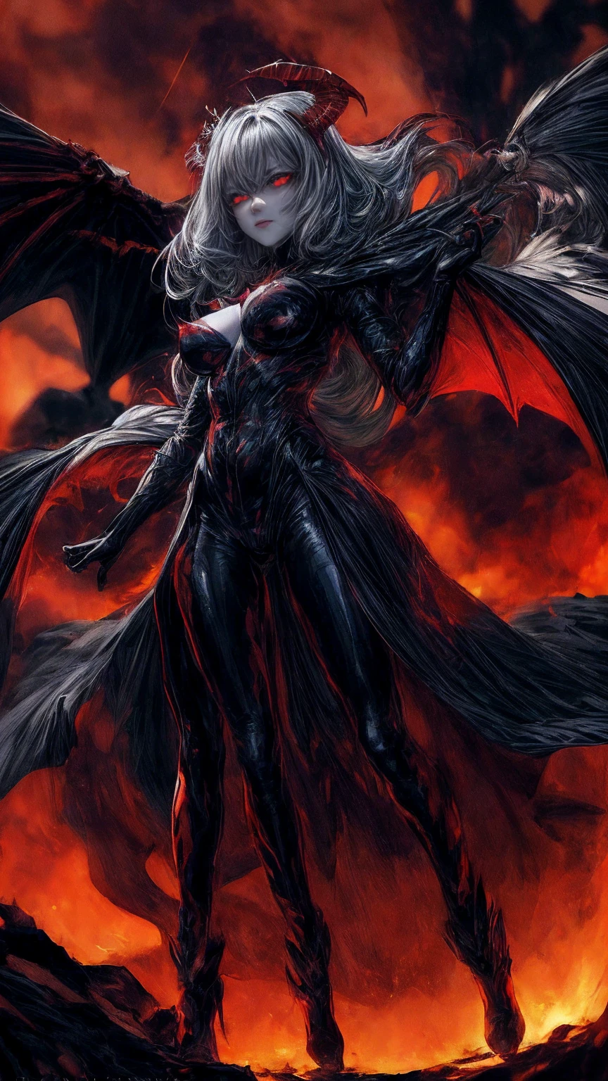 Storyboard, masterpiece, highest quality, dragonlady queen, perfect demoness, long legs, hourglass fugure, bright red glowing eyes, detailed eyes (1.4), scars on face, villainous expression, flaming skin body with bioluminescent glowing pattern, ready for battle, blurred stormy background, dark atmosphere, lighting in background,full body,