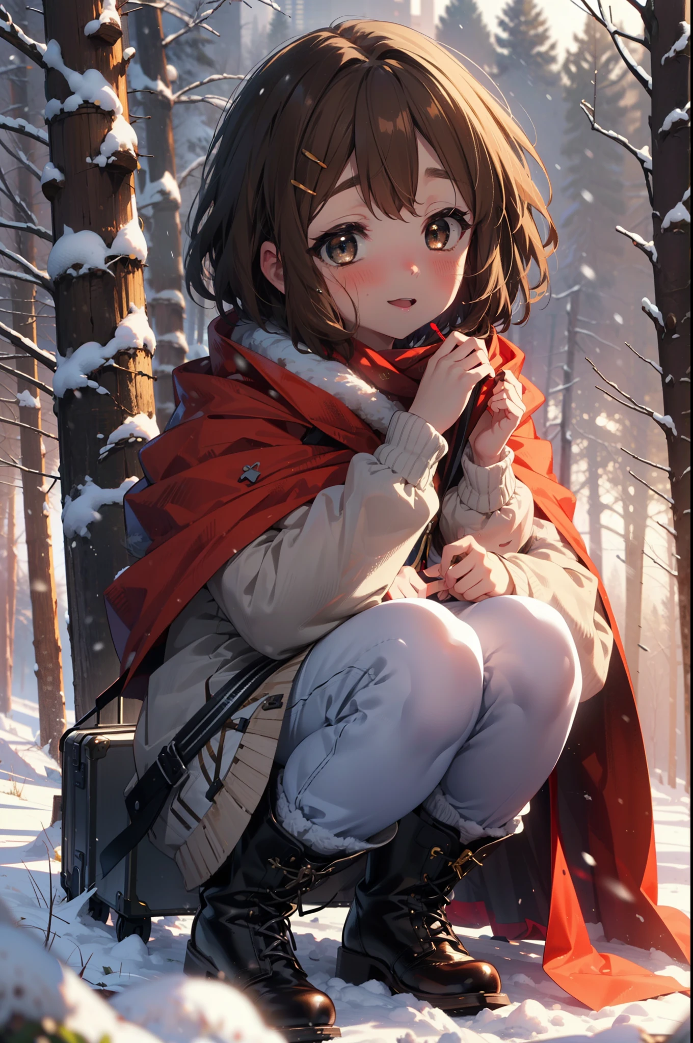 yuihirasawa, Yui Hirasawa, short hair, Brown Hair, hair ornaments, (Brown eyes:1.5), Hair Clip、smile,smile,blush,white breath,
Open your mouth,snow,Ground bonfire,, Outdoor, boots, snowing, From the side, wood, suitcase, Cape, Blurred, , forest, White handbag, nature,  Squat, Mouth closed, Cape, winter, Written boundary depth, Black shoes, red Cape break looking at viewer, Upper Body, whole body, break Outdoor, forest, nature, break (masterpiece:1.2), Highest quality, High resolution, unity 8k wallpaper, (shape:0.8), (Beautiful and beautiful eyes:1.6), Highly detailed face, Perfect lighting, Highly detailed CG, (Perfect hands, Perfect Anatomy),