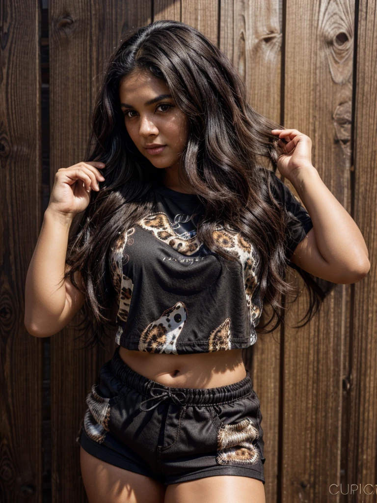 dark brown skin. latin face. With fat cheeks. slim. black hair, wavy but with a very fluffy volume that reaches the middle of the back. clear brown eyes. Animal print shirt and black shorts