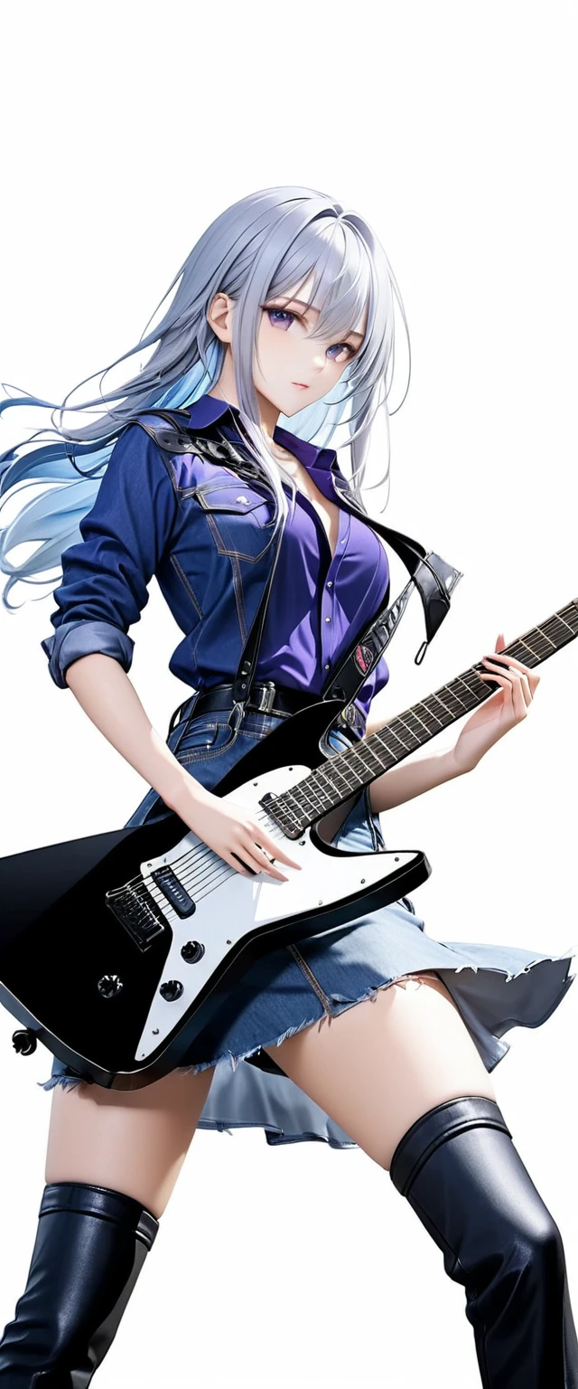 (((White background:1.5)))、(((A strong gaze on the guitar:1.5))),(The subject and guitar are in full view),(((Composition from afar:1.5))),(((full body:1.2)))、(very wide shot)、(masterpiece、Ultra HD、Highest quality、Masterpiece、4K:1.2)、Slender body、Scandinavian metal girl playing a white electric guitar, (((A strong gaze on the guitar:1.5))), Intricate details, Highly detailed eyes, Highly detailed fingers、(Purple shirt and blue jeans) 、Long silver hair、Wear black boots、(((Dynamic and lively pose:1.5)))、Perfect Style、8Head to Body、Playing guitar on stage、Live