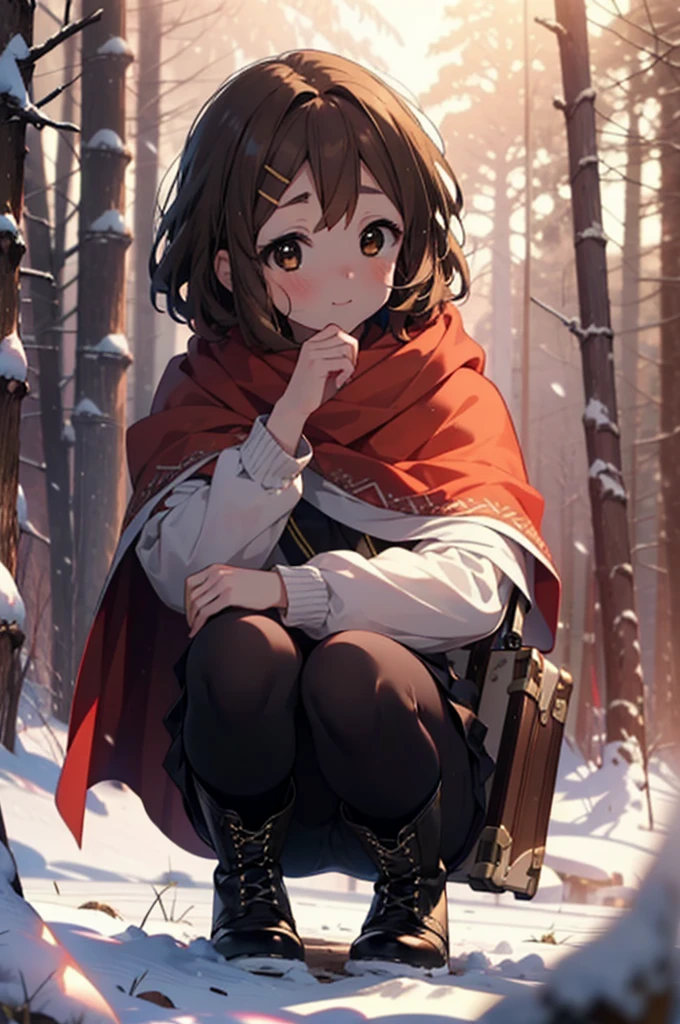 yuihirasawa, Yui Hirasawa, short hair, Brown Hair, hair ornaments, (Brown eyes:1.5), Hair Clip、smile,smile,blush,white breath,
Open your mouth,snow,Ground bonfire,, Outdoor, boots, snowing, From the side, wood, suitcase, Cape, Blurred, , forest, White handbag, nature, Squat, Mouth closed, Cape, winter, Written boundary depth, Black shoes, red Cape break looking at viewer, Upper Body, whole body, break Outdoor, forest, nature, break (masterpiece:1.2), Highest quality, High resolution, unity 8k wallpaper, (shape:0.8), (Beautiful and beautiful eyes:1.6), Highly detailed face, Perfect lighting, Highly detailed CG, (Perfect hands, Perfect Anatomy),