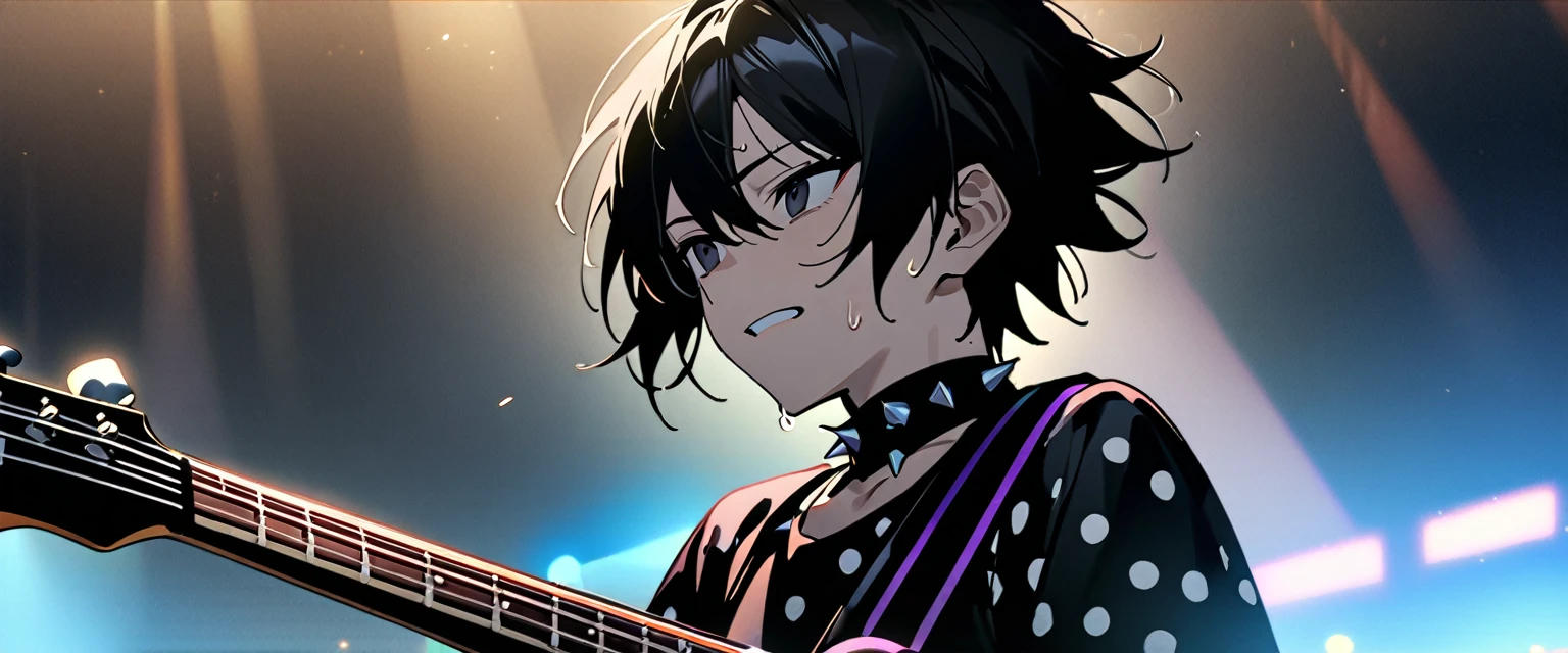 (((masterpiece,Highest quality))),(((A male anime character with messy black hair and black eyes dressed in a spiky patent leather visual kei outfit))),(((Holding and playing a bass guitar))),(((Playing bass guitar on a live stage,He is performing with a straight face while sweating.))),Focus on the upper body,(high quality),アニメ
