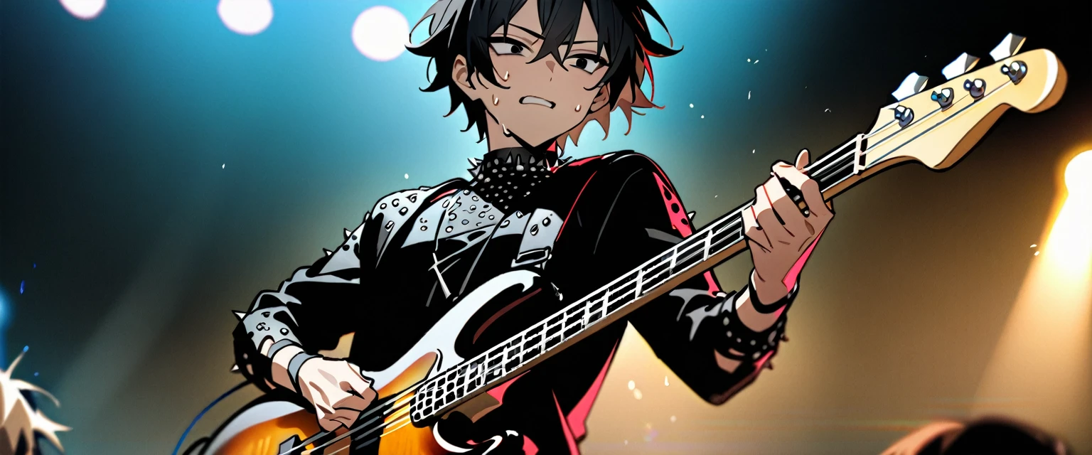 (((masterpiece,Highest quality))),(((A male anime character with messy black hair and black eyes dressed in a spiky patent leather visual kei outfit))),(((Holding and playing a bass guitar))),(((Playing bass guitar on a live stage,He is performing with a straight face while sweating.))),Focus on the upper body,(high quality),アニメ