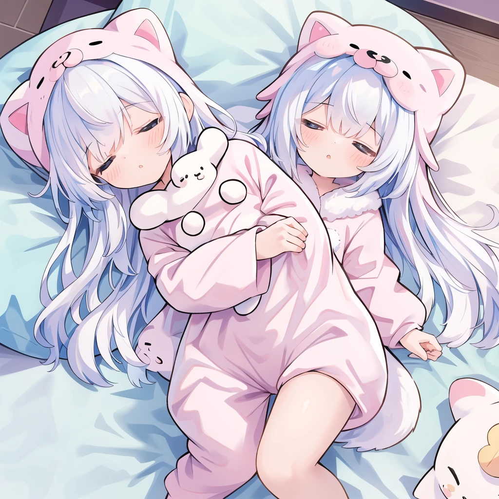 One girl,The best composition、 fluffy、Loose、A heartwarming world、masterpiece, Highest quality,Super detailed, One girl, From above,Little,pastel colour、Sleeping with eyes closed in animal costume pajamas、cute、