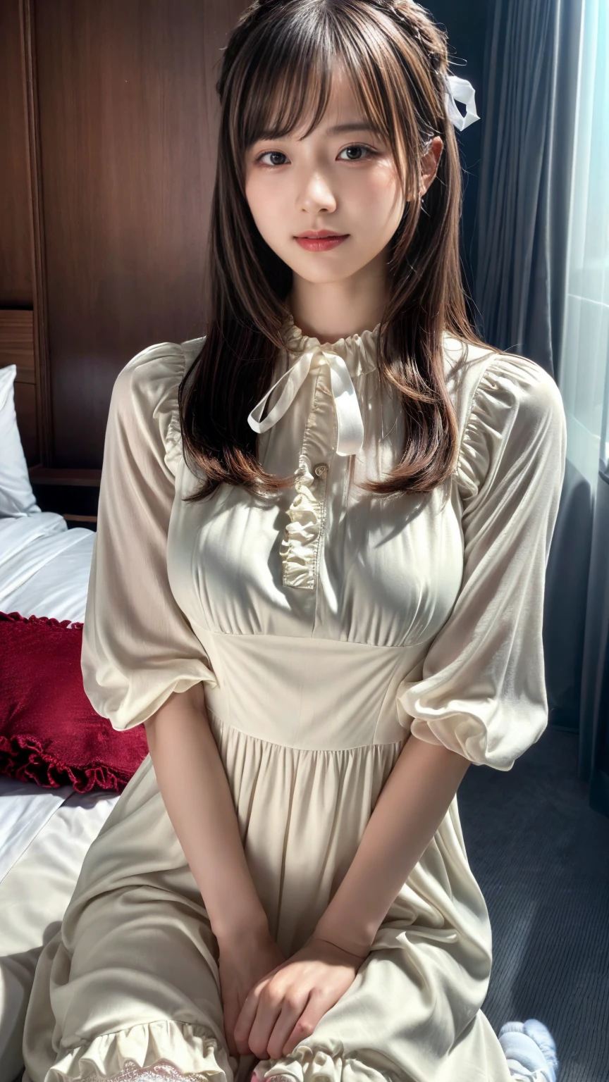 (absurdres:1.3), (highres:1.3), (ultra detailed:1.3),(1girl:1.3), (extremely detailed CG unity 8k wallpaper:1.3), (detailed skin texture, detailed cloth texture, detailed hair texture), (beautiful detailed face, supermodel, pale skin, realistic glistening skin), (RAW photo, best quality), (realistic, photo-realistic:1.4), masterpiece, extremely delicate and beautiful,Amazing, finely detail, extremely detailed CG unity 8k wallpaper, huge filesize, ultra-detailed, highres, absurdres, soft light,rim light, vibrant details, (hotel room:1.2), straight hair, black hair color, Big Natural Color Lip, large breasts, (perfect body shape), beautiful legs, BREAK ((high-quality color that combines light-beige and ivory-white) theme:1.4), (tone on tone:1.3), ((classic fashion, girly fashion):1.3), (layering:1.3), (wearing a (maxi length light-beige pinafore dress) over a (long bell bottom sleeve ivory-white victorian blouse with white jabot):1.4), ((fit body, emphasized body line):1.3), (fine satin fabric:1.4), ((ruffles, floral lace):1.3), (white ankle socks with ruffle trim:1.2), (white ribbon on hair:1.4), (pumps:1.1),
crying a little、little smile, Harajuku style、20 year old girl
