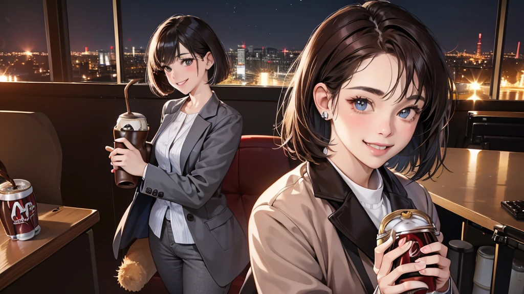 (perfect anatomy:1.2)(absurdres, highres, ultra detailed),masterpiece,best quality,high resolution,8k,Realistic face,Realistic skin texture,magnified textures, stunning clarity,detailed anime girl,(ultra detailed eyes and face),(1 girl),21 years old,office worker,black hair, bob cut,natural make,grey jacket,grey pants,black brouse,sparkling eyes.small nose,roundface,standing,brown bag,(No one in the city office:.2),(night),(look at viewer),(giving you a can of coffee:1.6)(Happy Smile:1.4)(bashful:1.2)