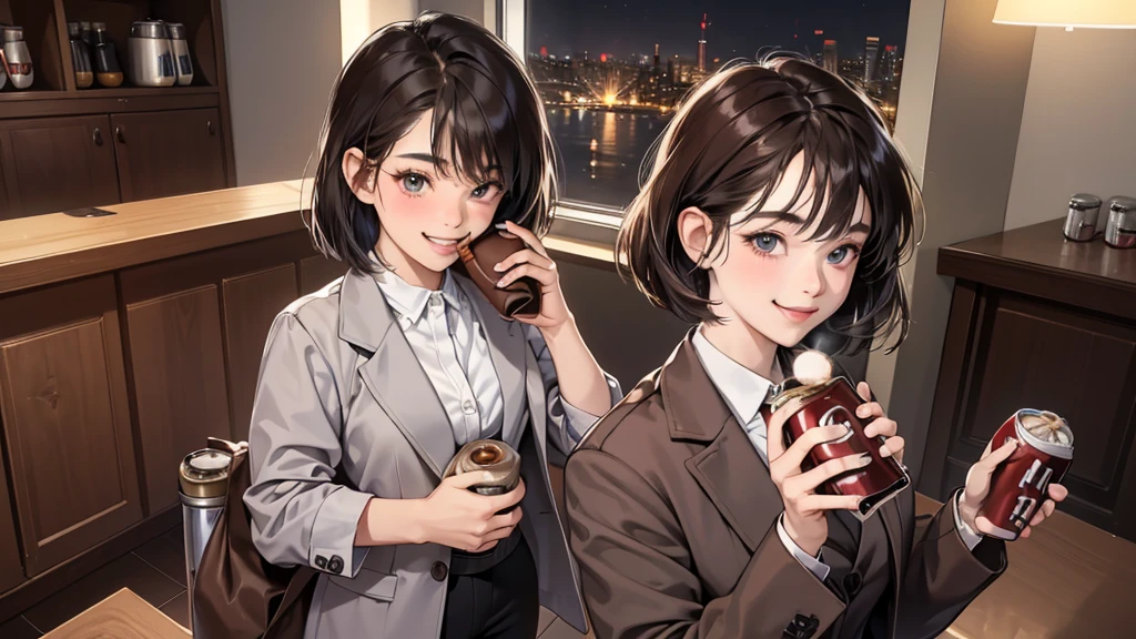 (perfect anatomy:1.2)(absurdres, highres, ultra detailed),masterpiece,best quality,high resolution,8k,Realistic face,Realistic skin texture,magnified textures, stunning clarity,detailed anime girl,(ultra detailed eyes and face),(1 girl),21 years old,office worker,black hair, bob cut,natural make,grey jacket,grey pants,black brouse,sparkling eyes.small nose,roundface,standing,brown bag,(No one in the city office:.2),(night),(look at viewer),(giving you a can of coffee:1.6)(Happy Smile:1.4)(bashful:1.2)