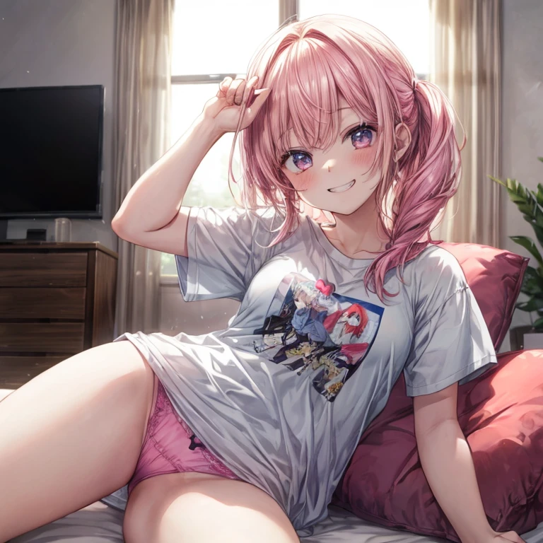 Living room at home、White T-shirt、Girl with pink hair、Side Ponytail、Pink panties、Grin、｟Flip up a T-shirt yourself、Pink pantiesが見える｠