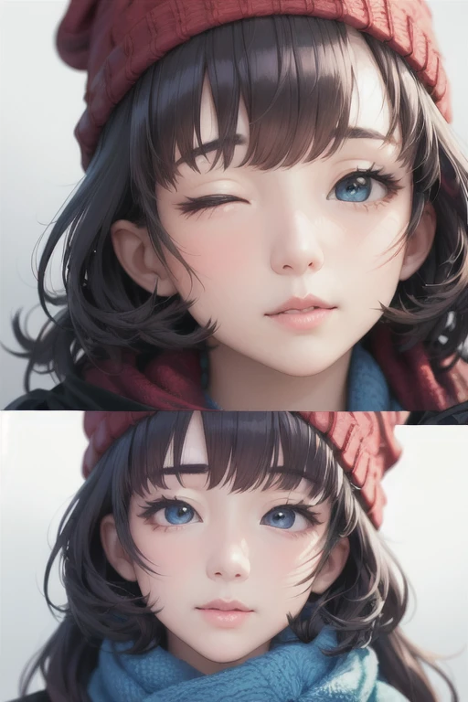 girl,Character design sheet,Beautiful attention to detail,Beautiful lip detail,Very detailed目と顔,Long eyelashes,Realistic,photoRealistic:1.37,Very detailed,Professional,Vibrant colors,Portraiture,Studio Lighting,Physically Based Rendering,High resolution,超High resolution. blue eyes,Big eyes， Close ~ eyes，Long Hair，Curly hair、Black Hair，Red cheeks，Lower eyes，Knitted hat，Scarf，coat