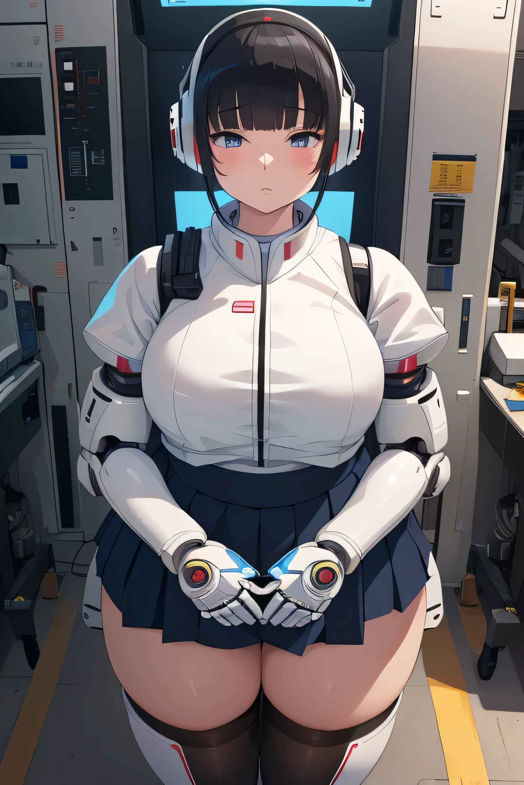 masterpiece, best quality, extremely detailed, Japanese android girl,Plump ,control panels,Mechanical Hand,Robot arms and legs, robot assembly plant,white robot body,blunt bangs,skirt,black knee high socks,blue  eyes