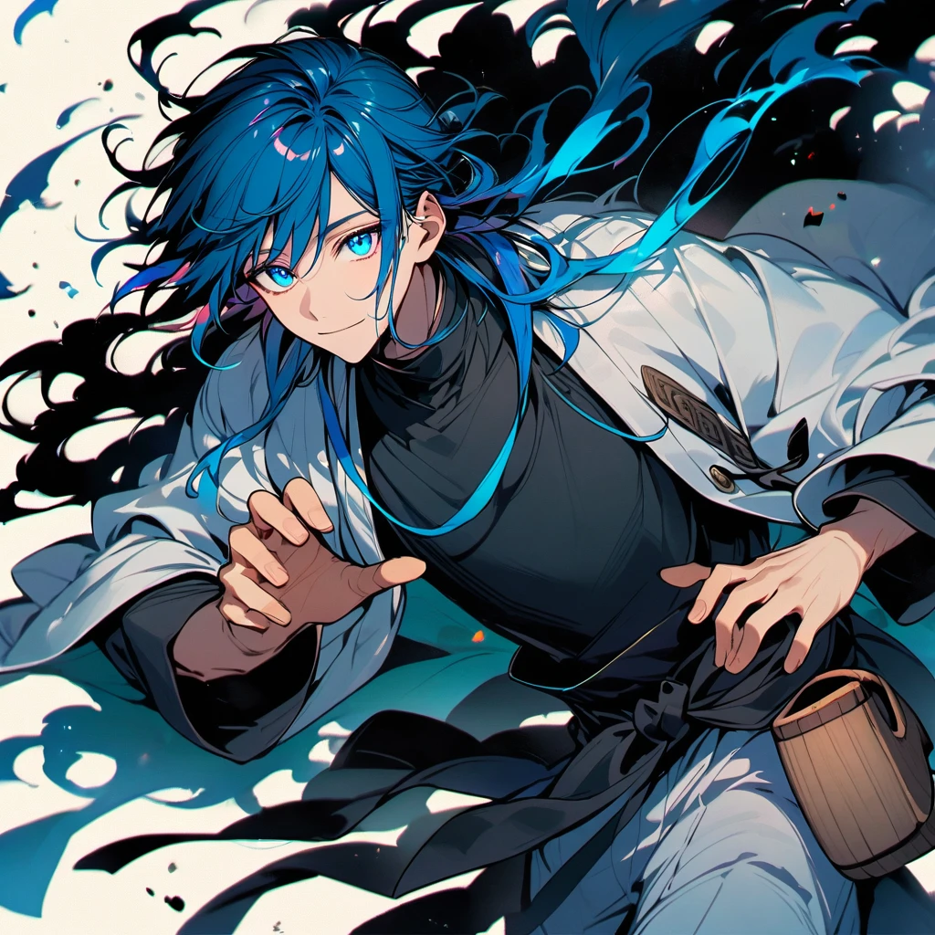 (well done:1) man, long vibrant blue hair with some loose strands that fall around his face, blue eyes, white haori closed, black shirt, black sash tied around the waist, white pants, wooden clogs.