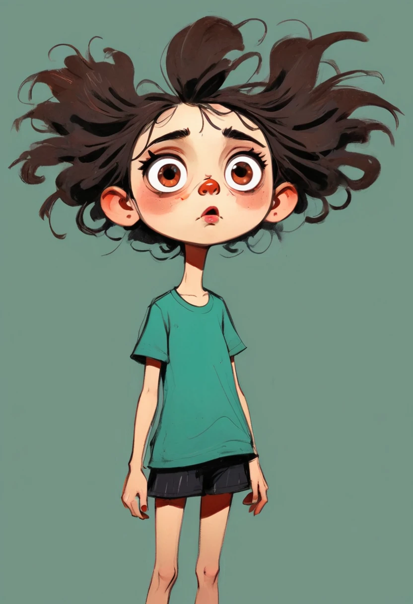 (((Exaggerated digital character sketches:1.37，Exaggerated body proportions))).(1 Girl,Solitary,big eyes，Pointed nose，(((runny nose))),Exaggerated expression,Exaggerated hairstyle)，Messy hair)，(Black sketch lines，Loose brushstrokes create the outline，Cartoon Style. Bright colors and simplified lines, sketch)。(Exaggerated body movements:1.37),(Large area of blank）