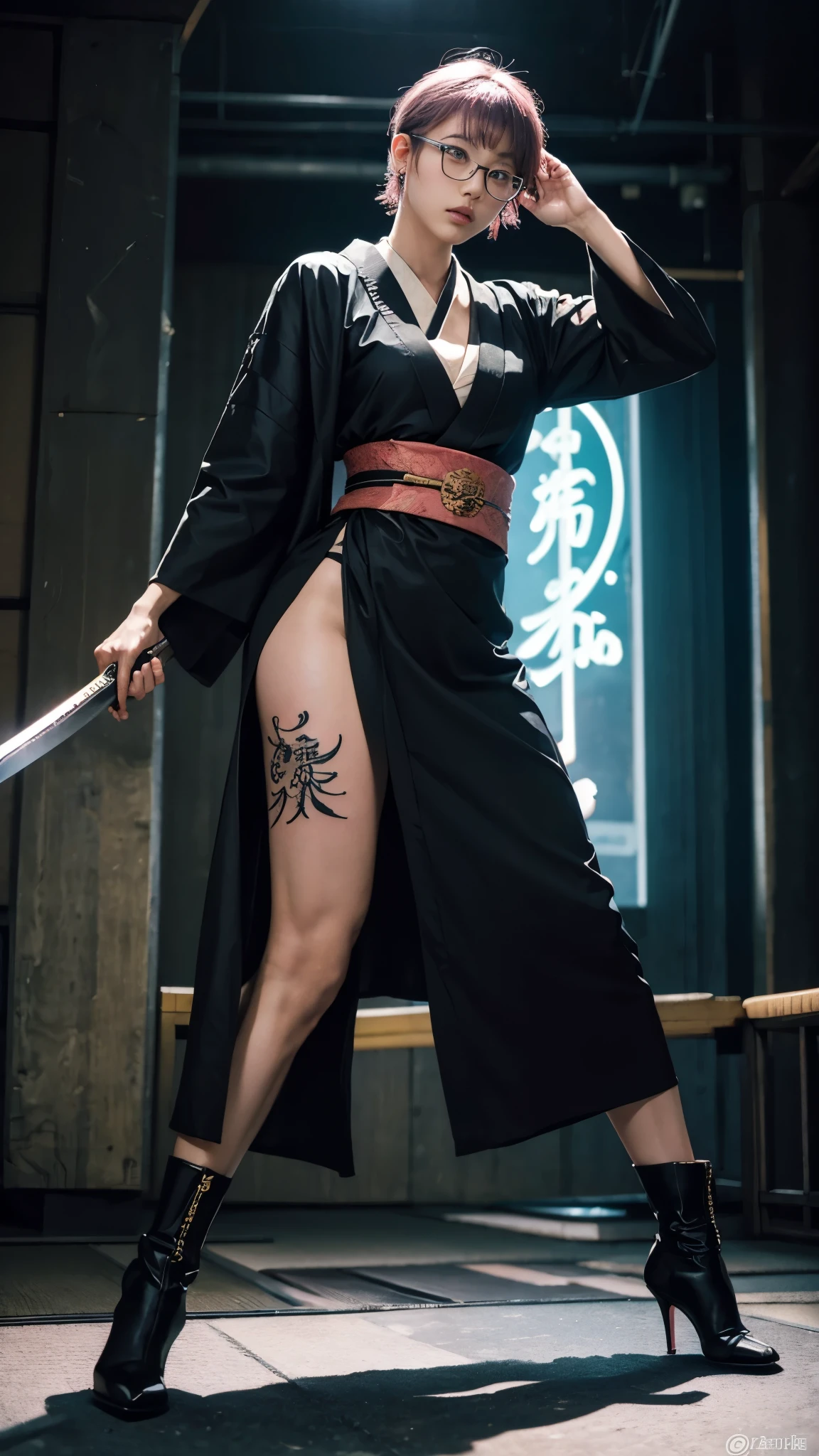 Cute Japanese woman, (), (very cute face: 1.3), red lips, white moist skin, mole, (glasses: 1.2)
BREAK,
Feminine body with high athletic ability, body of a female fitness model, feminine body with hard tones, (muscles: 1.2), (beautiful belly button),
BREAK,
Fighter, kung fu fighter, idol, (Yakuza), (gangster),
BREAK,
(wearing a cute black kimono: 1.3), (kimono that is revealing), (Stiletto heels, black heeled boots 1.3), very large earrings, short length,
BREAK,
Short hair, (Short bob hair), (Bangs: 1.2), (Pink hair: 1.3), (Wavy hair),
BREAK,
(Very large Japanese sword: 1.4), (Holding the handle of a Japanese sword: 1.3), (Fighting: 1.2), (Getting into a fighting stance), (Beautiful Japanese sword blade: 1.2)
BREAK,
(Japanese tattoo: 1.4),
BREAK,
Masterpiece, Perfect lighting, Ultra high resolution, 8K, (Highly detailed: 1.4), (From the front), Looking at the camera, Melancholic expression,
BREAK,
(Tokyo Tower: 1.2), Tokyo Tower in Japan background, (Neon lights: 1.2)